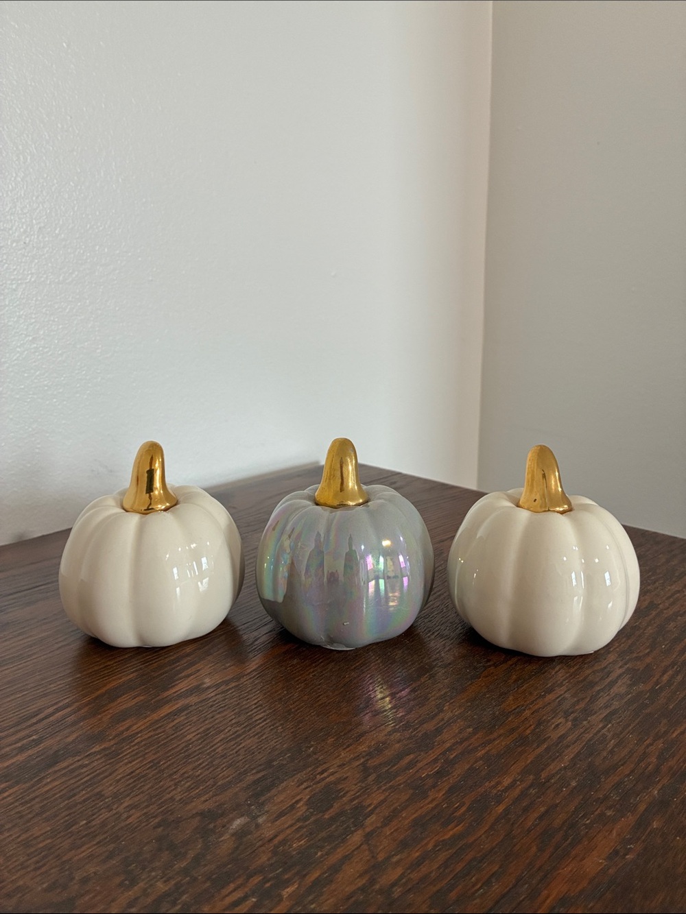 NWT- Set of 3- White & Gray Pearl Iridescent- Ceramic Pumpkins with Gold Stems
